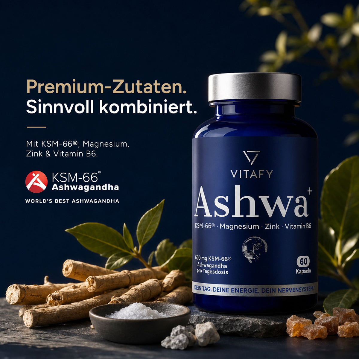 Ashwa+ Ashwagandha KSM-66® mit Magnesium, Zink & Vitamin B6 (60 Kapseln)