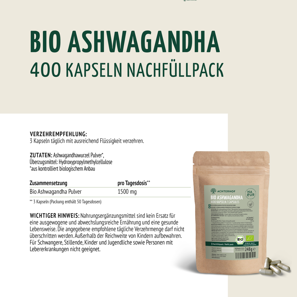 Ashwagandha Kapseln Bio Nachfüllpack (400 Kapseln)