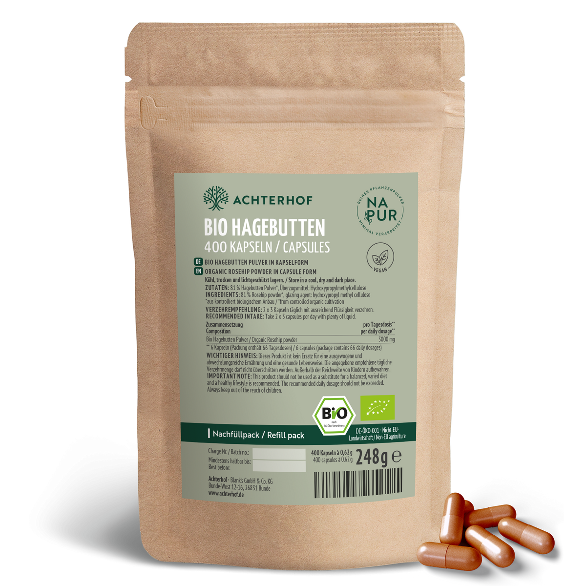 Bio Hagebutten Kapseln Nachfüllpack (400 Kapseln)