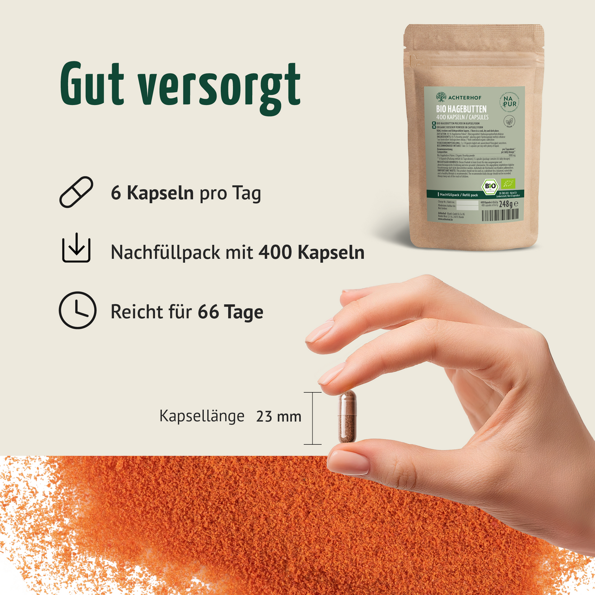 Bio Hagebutten Kapseln Nachfüllpack (400 Kapseln)