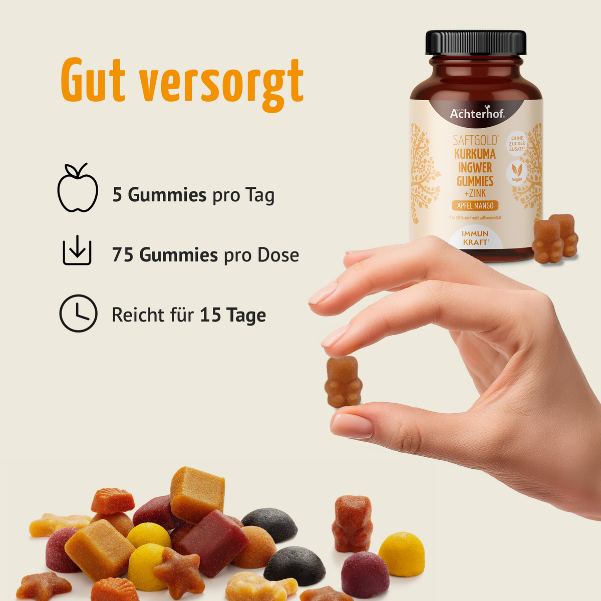 Saftgold Kurkuma Ingwer Gummies Apfel Mango + Zink (75 Stück)