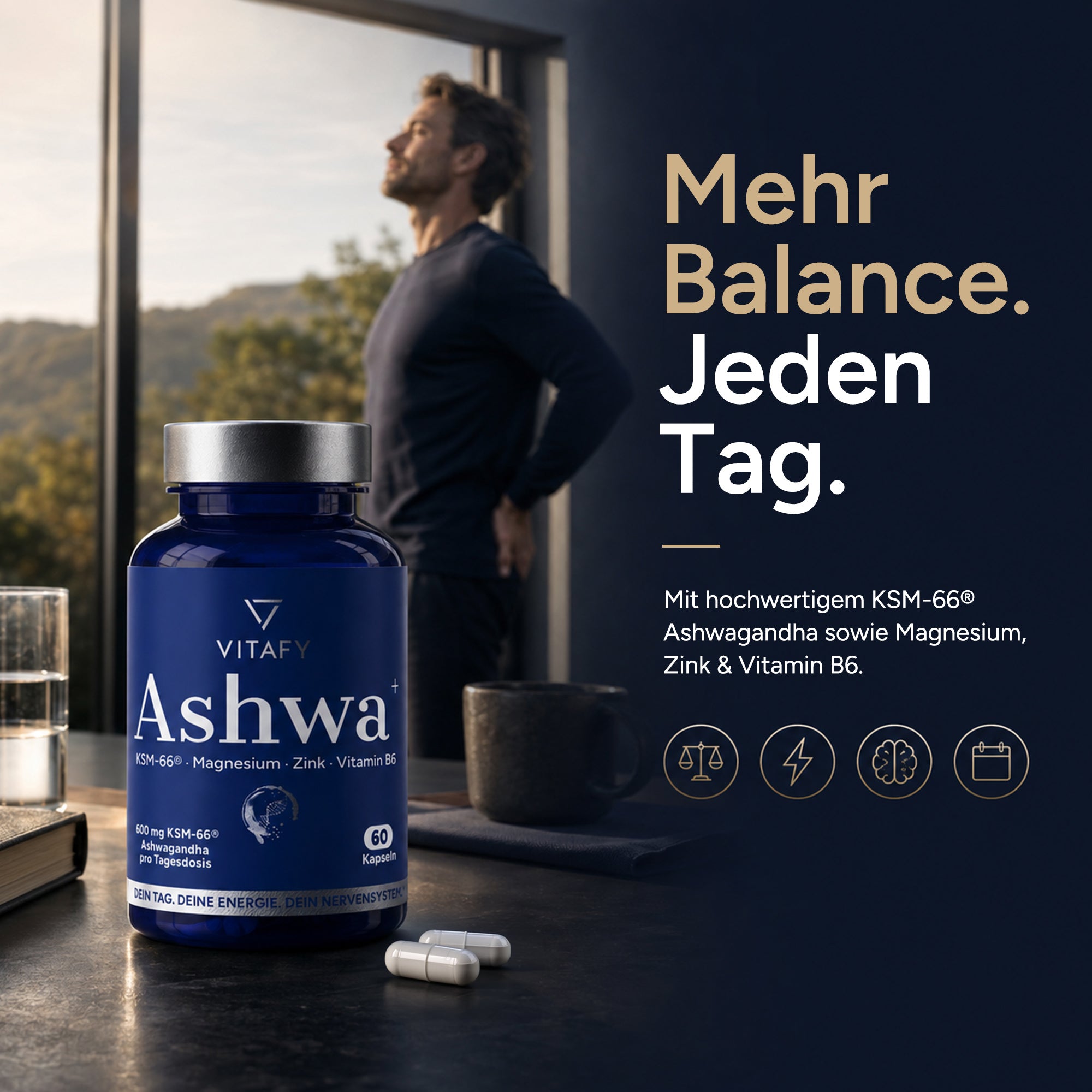 Ashwa+ Ashwagandha KSM-66® mit Magnesium, Zink & Vitamin B6 (60 Kapseln)
