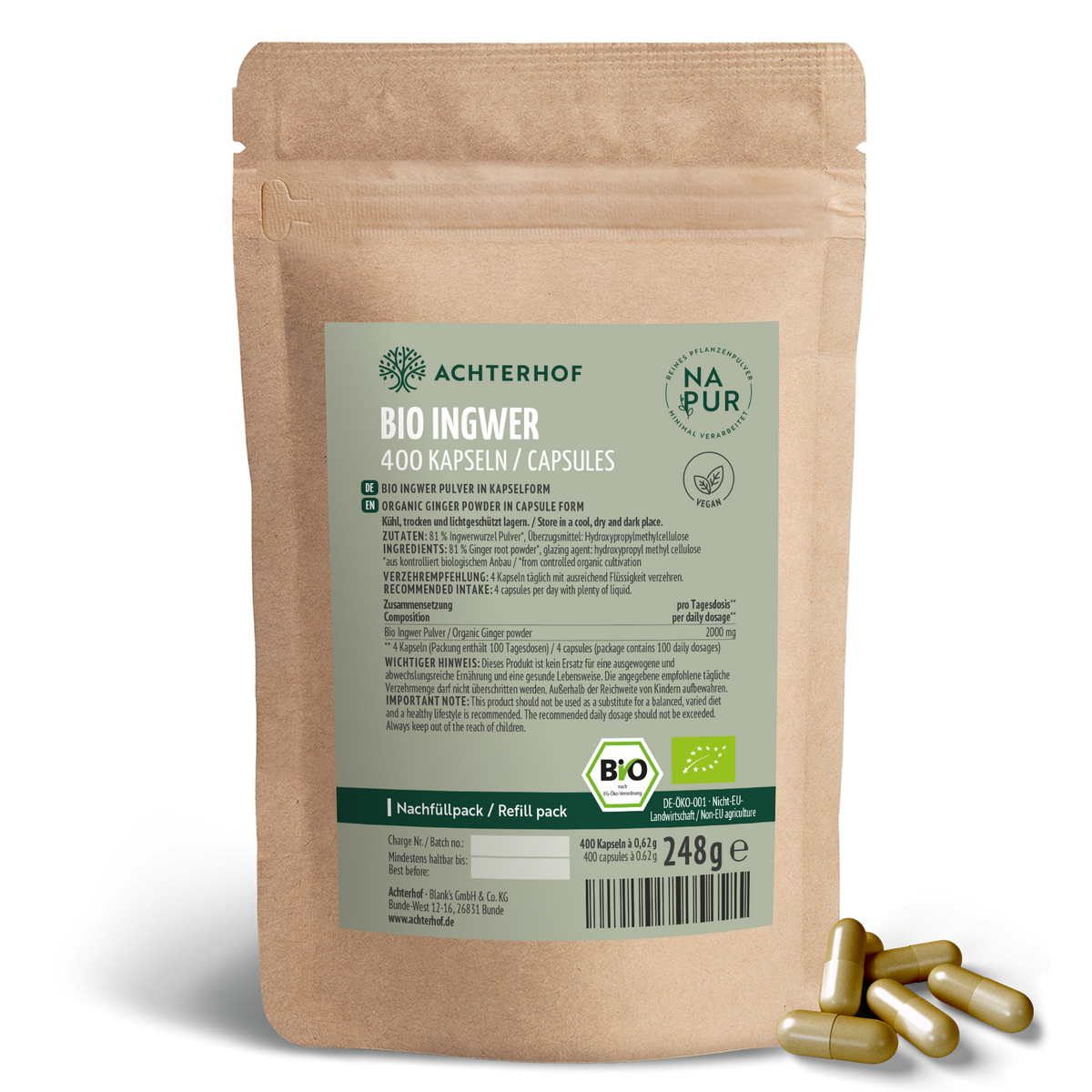 Bio Ingwer Kapseln Nachfüllpack (400 Kapseln)