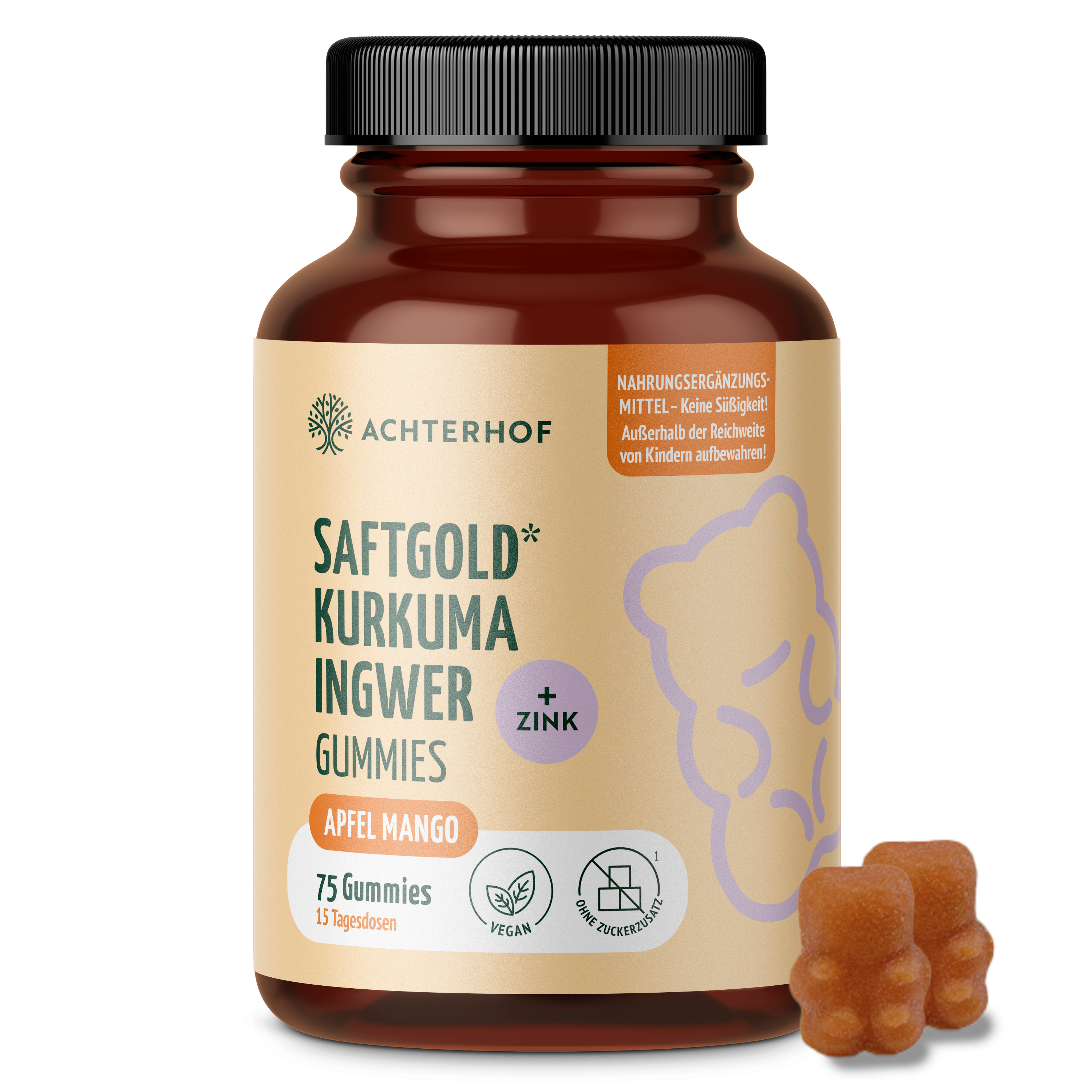 Saftgold Kurkuma Ingwer Gummies Apfel Mango + Zink (75 Stück)