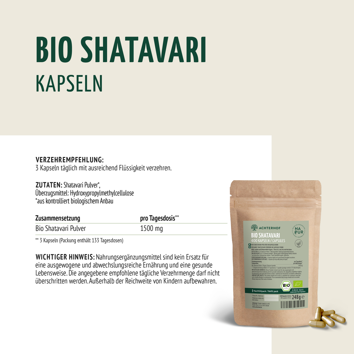 Shatavari Kapseln Bio Nachfüllpack (400 Kapseln)